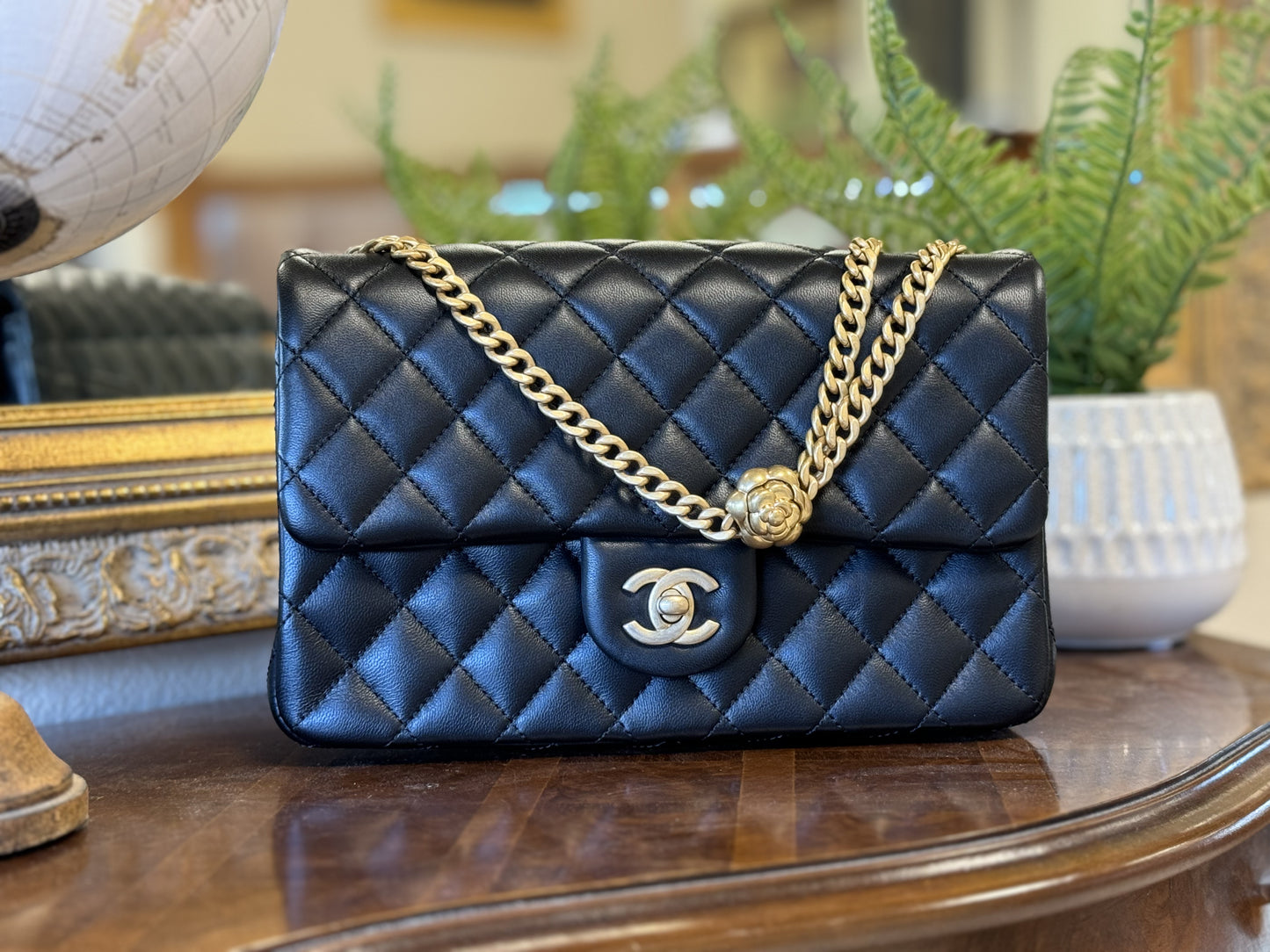 Chanel Medium Camellia Crush Flap Bag Black Lambskin Antique Gold Hardware