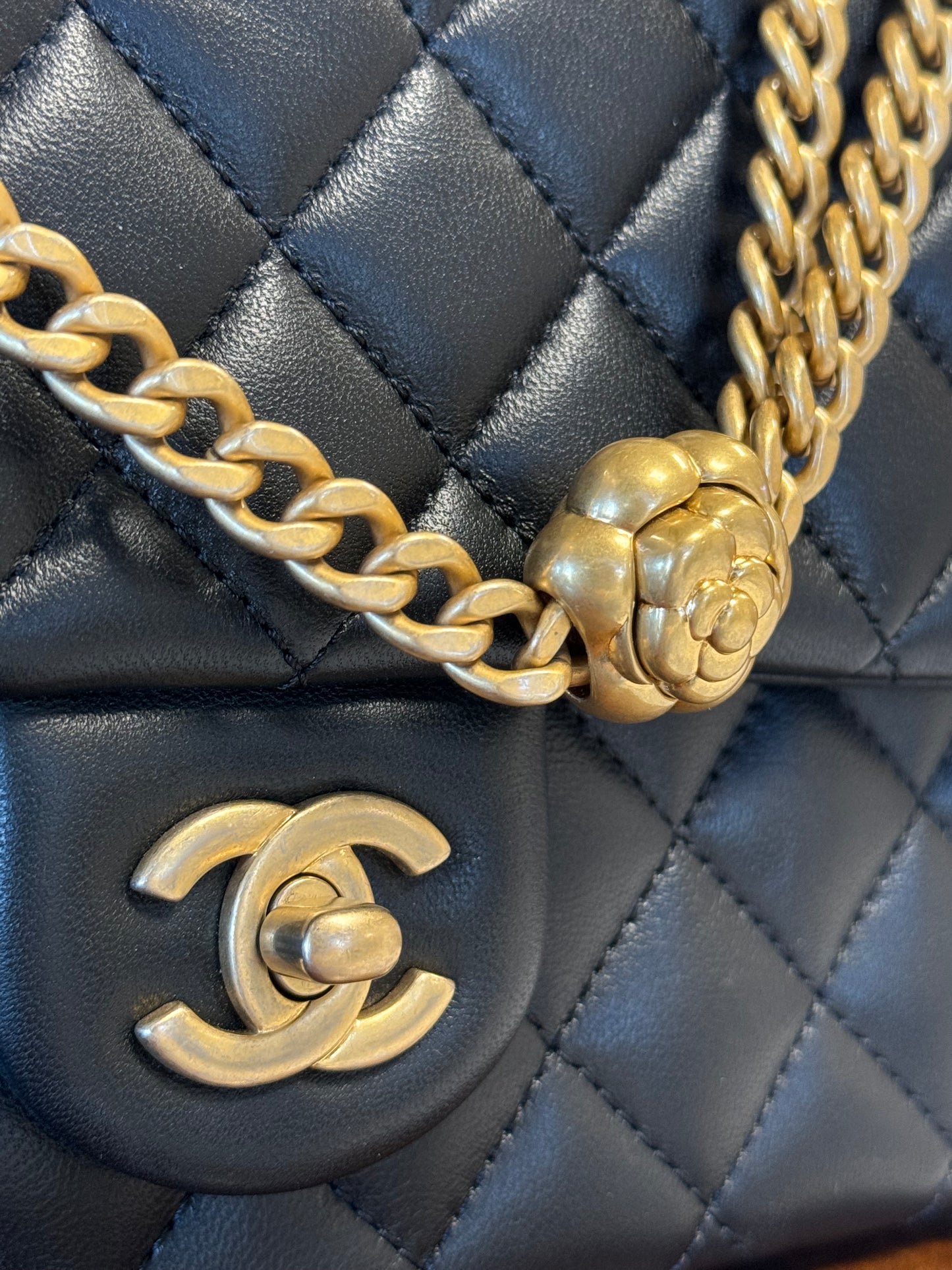 Chanel Medium Camellia Crush Flap Bag Black Lambskin Antique Gold Hardware